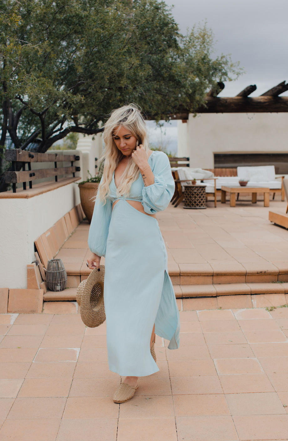 light blue maxi dress, cut out maxi dress